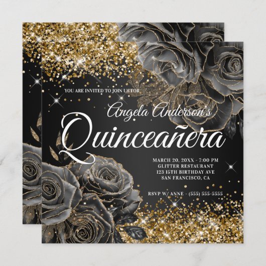 Sparkly Gold Glitter Black Roos Glam Quinceañera Kaart (Voorkant / Achterkant)