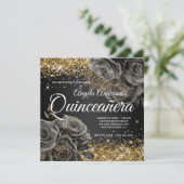 Sparkly Gold Glitter Black Roos Glam Quinceañera Kaart (Staand voorkant)