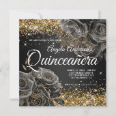 Sparkly Gold Glitter Black Roos Glam Quinceañera Kaart (Voorkant)