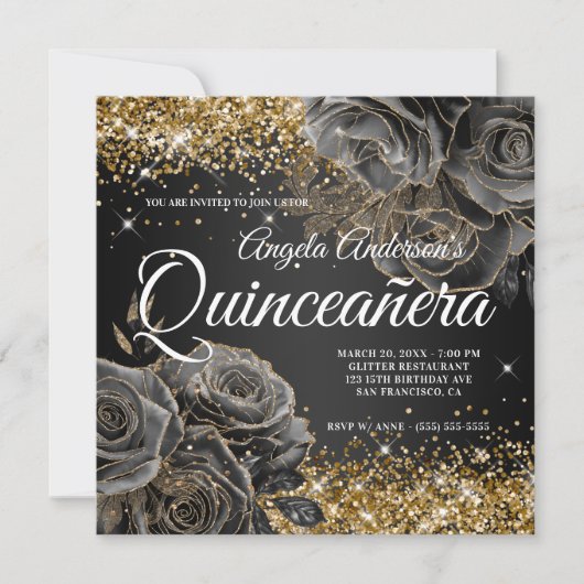 Sparkly Gold Glitter Black Roos Glam Quinceañera Kaart (Voorkant)