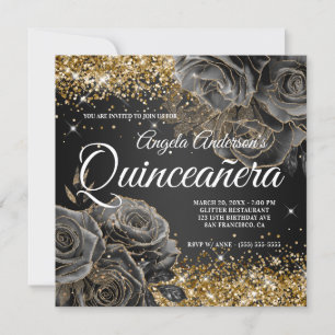 Sparkly Gold Glitter Black Roos Glam Quinceañera Kaart