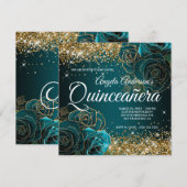Sparkly Gold Glitter Blue Blauwgroen Roos Quinceañ Kaart (Voorkant / Achterkant)