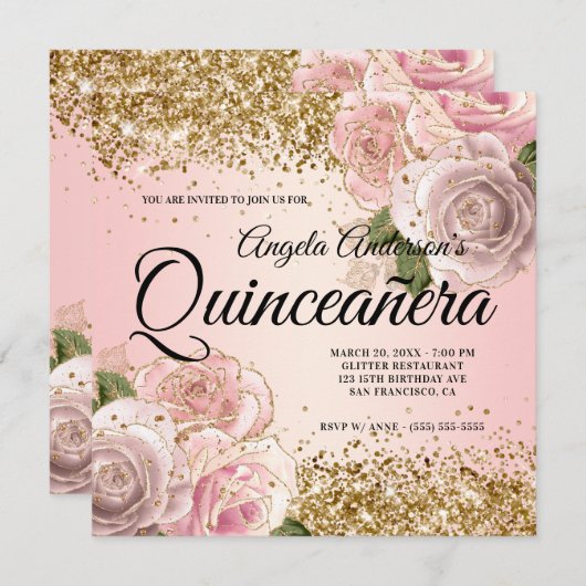 Sparkly Gold Glitter Blush Pink Quinceañera Kaart (Voorkant / Achterkant)
