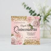Sparkly Gold Glitter Blush Pink Quinceañera Kaart (Staand voorkant)