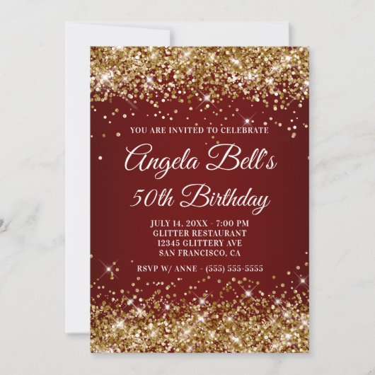 Sparkly Gold Glitter Burgundy Ombre 50th Birthday Kaart (Voorkant)