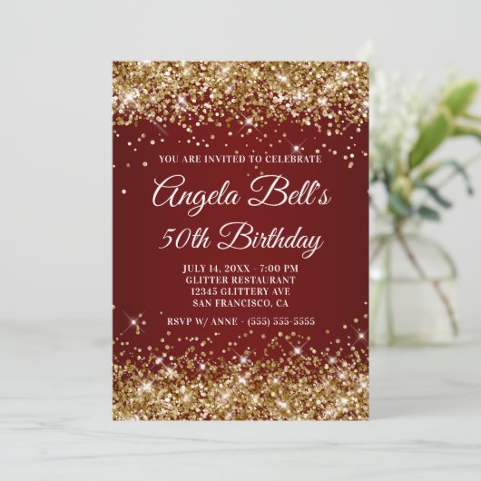 Sparkly Gold Glitter Burgundy Ombre 50th Birthday Kaart (Staand voorkant)