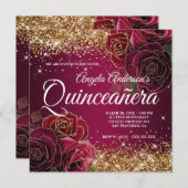 Sparkly Gold Glitter Burgundy Red Rose Quinceañera Kaart (Voorkant / Achterkant)