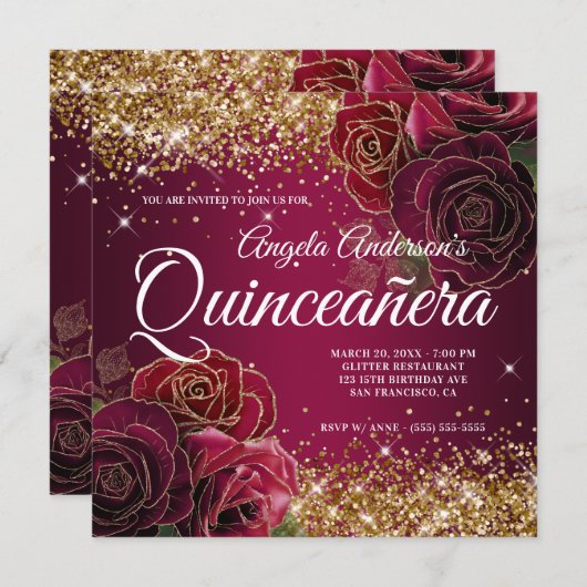 Sparkly Gold Glitter Burgundy Red Rose Quinceañera Kaart (Voorkant / Achterkant)