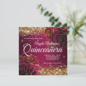 Sparkly Gold Glitter Burgundy Red Rose Quinceañera Kaart (Staand voorkant)