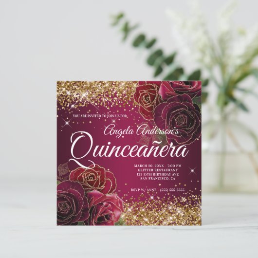 Sparkly Gold Glitter Burgundy Red Rose Quinceañera Kaart (Staand voorkant)