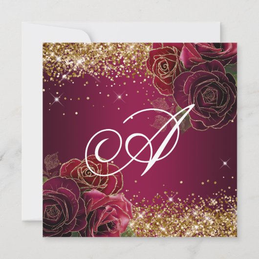 Sparkly Gold Glitter Burgundy Red Rose Quinceañera Kaart (Achterkant)