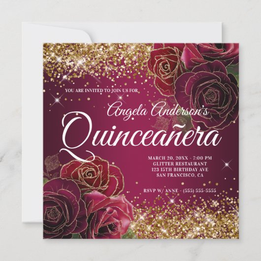 Sparkly Gold Glitter Burgundy Red Rose Quinceañera Kaart (Voorkant)