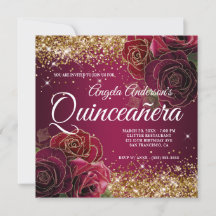 Sparkly Gold Glitter Burgundy Red Rose Quinceañera