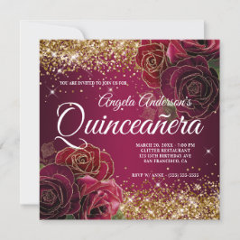 Sparkly Gold Glitter Burgundy Red Rose Quinceañera Kaart