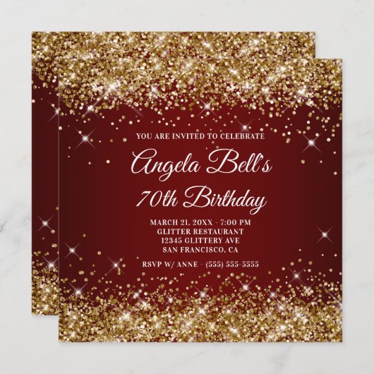 Sparkly Gold Glitter Dark Red 70th Birthday Kaart (Voorkant / Achterkant)