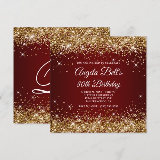 Sparkly Gold Glitter Dark Red 80th Birthday Kaart (Voorkant / Achterkant)
