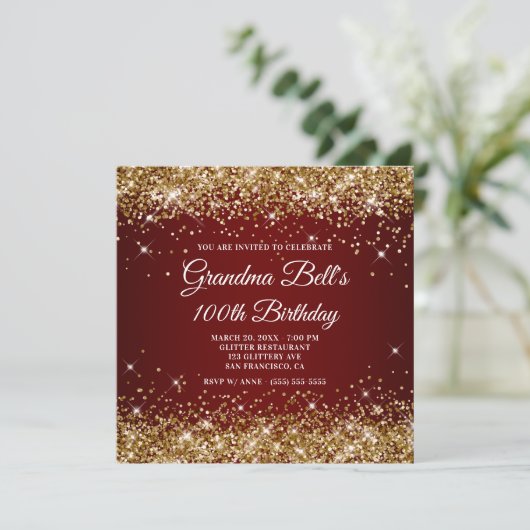 Sparkly Gold Glitter Dark Red Ombre 100th Birthday Kaart (Staand voorkant)