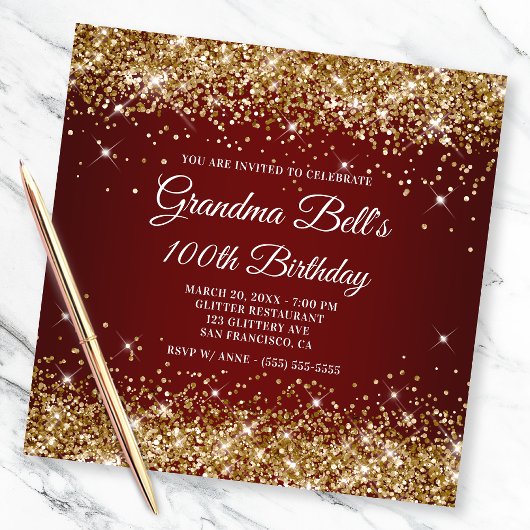 Sparkly Gold Glitter Dark Red Ombre 100th Birthday Kaart