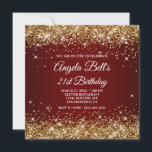 Sparkly Gold Glitter Dark Red Ombre 21st Birthday Kaart<br><div class="desc">Een geweldige 21e verjaardag uitnodiging met een fancy monogram voor haar. Glitter girale glazen voor ondoorzichtig goud tegen een donkerrood en ondoorzichtig ombre grafisch afbeelding. Het fancy klassieke bloeiende kalligrafische monogram op de rug kan worden aangepast of geschrapt. Een geweldige verjaardagsfeestje voor je schoondochter. Alle glans en gouden glitterelementen in...</div>