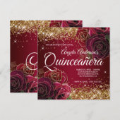 Sparkly Gold Glitter Dark Red Rose Quinceañera Kaart (Voorkant / Achterkant)