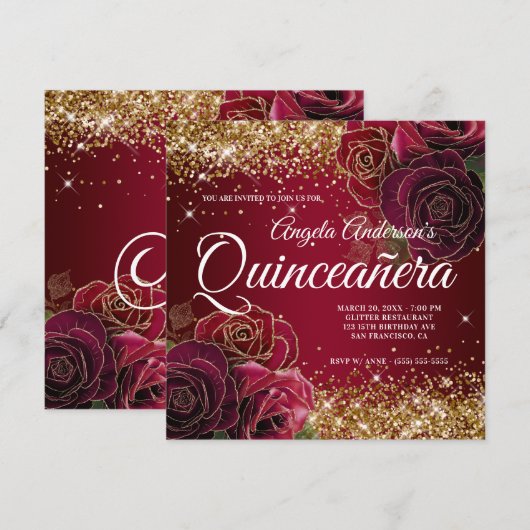 Sparkly Gold Glitter Dark Red Rose Quinceañera Kaart (Voorkant / Achterkant)