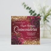 Sparkly Gold Glitter Dark Red Rose Quinceañera Kaart (Staand voorkant)