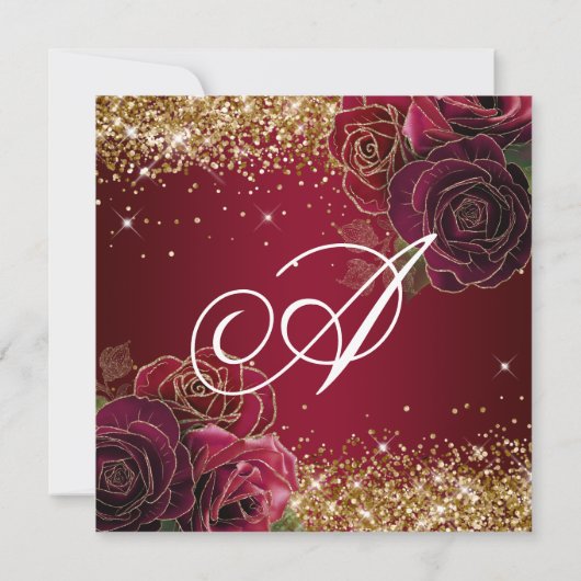 Sparkly Gold Glitter Dark Red Rose Quinceañera Kaart (Achterkant)