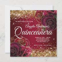 Sparkly Gold Glitter Dark Red Rose Quinceañera
