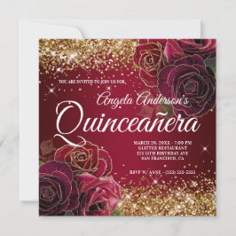 Sparkly Gold Glitter Dark Red Rose Quinceañera Kaart