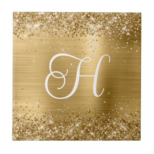 Sparkly Gold Glitter en Folie Monogram Tegeltje (Voorkant)