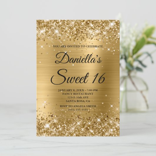 Sparkly Gold Glitter en Folie Sweet 16 Kaart (Staand voorkant)