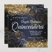 Sparkly Gold Glitter Navy Blue Roos Quinceañera Kaart (Voorkant / Achterkant)