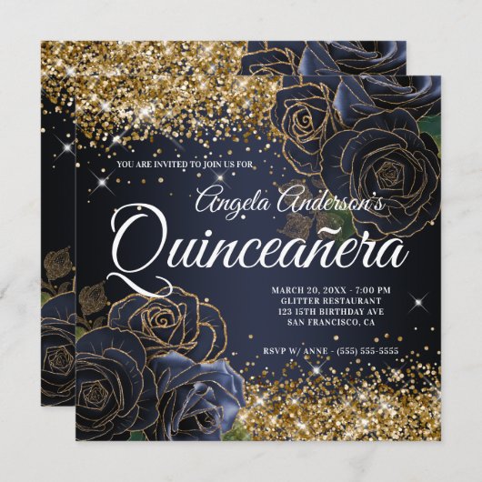 Sparkly Gold Glitter Navy Blue Roos Quinceañera Kaart (Voorkant / Achterkant)