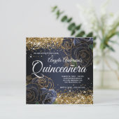 Sparkly Gold Glitter Navy Blue Roos Quinceañera Kaart (Staand voorkant)