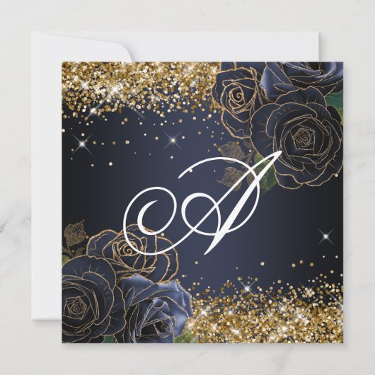 Sparkly Gold Glitter Navy Blue Roos Quinceañera Kaart (Achterkant)