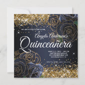 Sparkly Gold Glitter Navy Blue Roos Quinceañera Kaart (Voorkant)