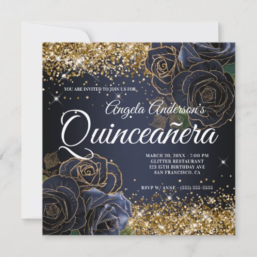 Sparkly Gold Glitter Navy Blue Roos Quinceañera Kaart (Voorkant)