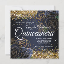 Sparkly Gold Glitter Navy Blue Roos Quinceañera