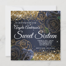 Sparkly Gold Glitter Navy Blue Roos Sweet Sixteen