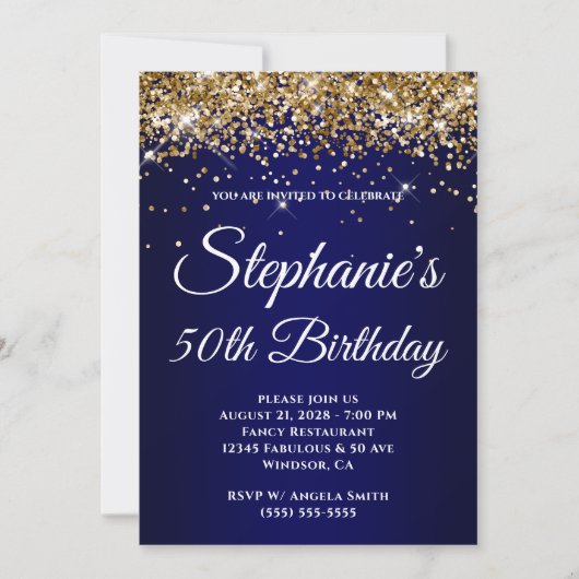 Sparkly Gold Glitter Navy Gradient 50th Birthday Kaart (Voorkant)