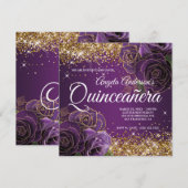 Sparkly Gold Glitter Paars Roos Quinceañera Kaart (Voorkant / Achterkant)