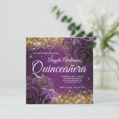 Sparkly Gold Glitter Paars Roos Quinceañera Kaart (Staand voorkant)