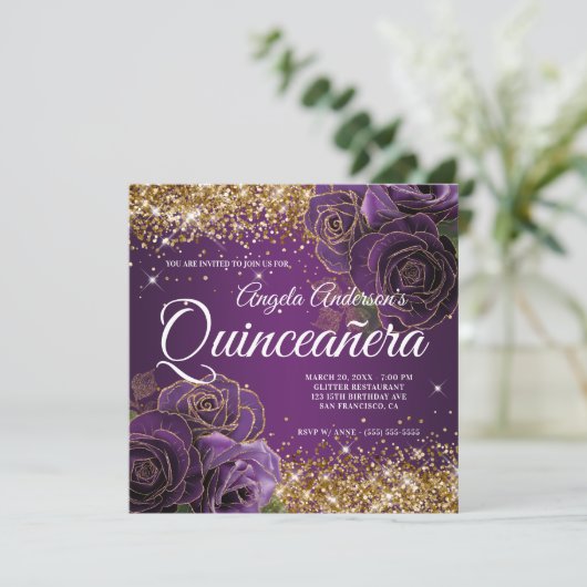 Sparkly Gold Glitter Paars Roos Quinceañera Kaart (Staand voorkant)