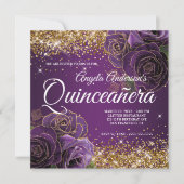 Sparkly Gold Glitter Paars Roos Quinceañera Kaart (Voorkant)
