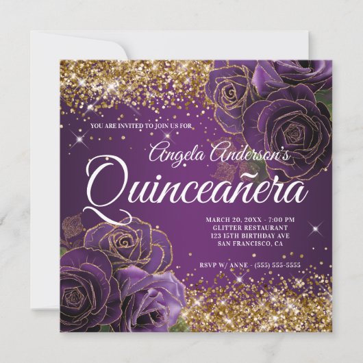 Sparkly Gold Glitter Paars Roos Quinceañera Kaart (Voorkant)