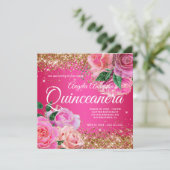 Sparkly Gold Glitter Pink Rose Glam Quinceañera Kaart (Staand voorkant)