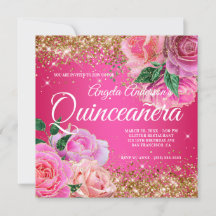 Sparkly Gold Glitter Pink Rose Glam Quinceañera