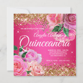 Sparkly Gold Glitter Pink Rose Glam Quinceañera Kaart