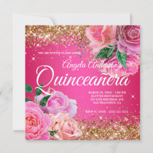 Sparkly Gold Glitter Pink Rose Glam Quinceañera Kaart