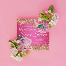 Sparkly Gold Glitter Pink Rose Glam Sweet 16